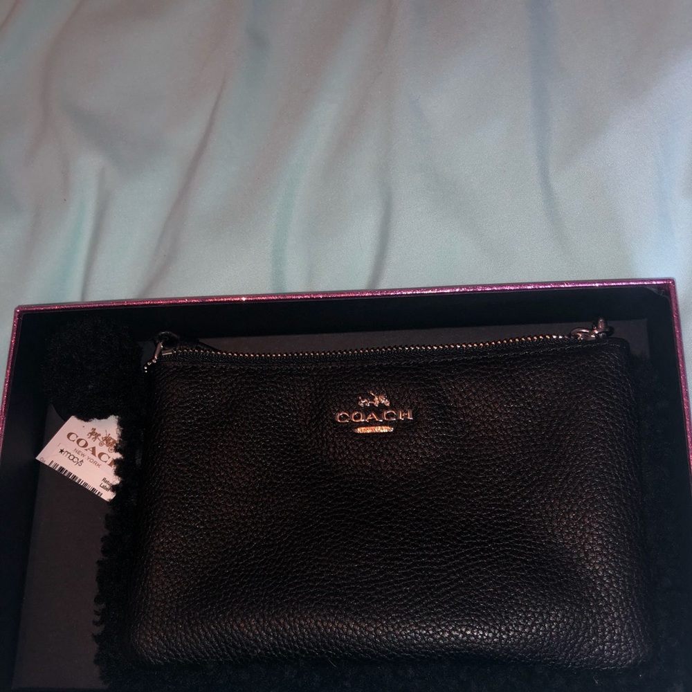 Coach Black Pom Pom Bp Shearling Wristlet